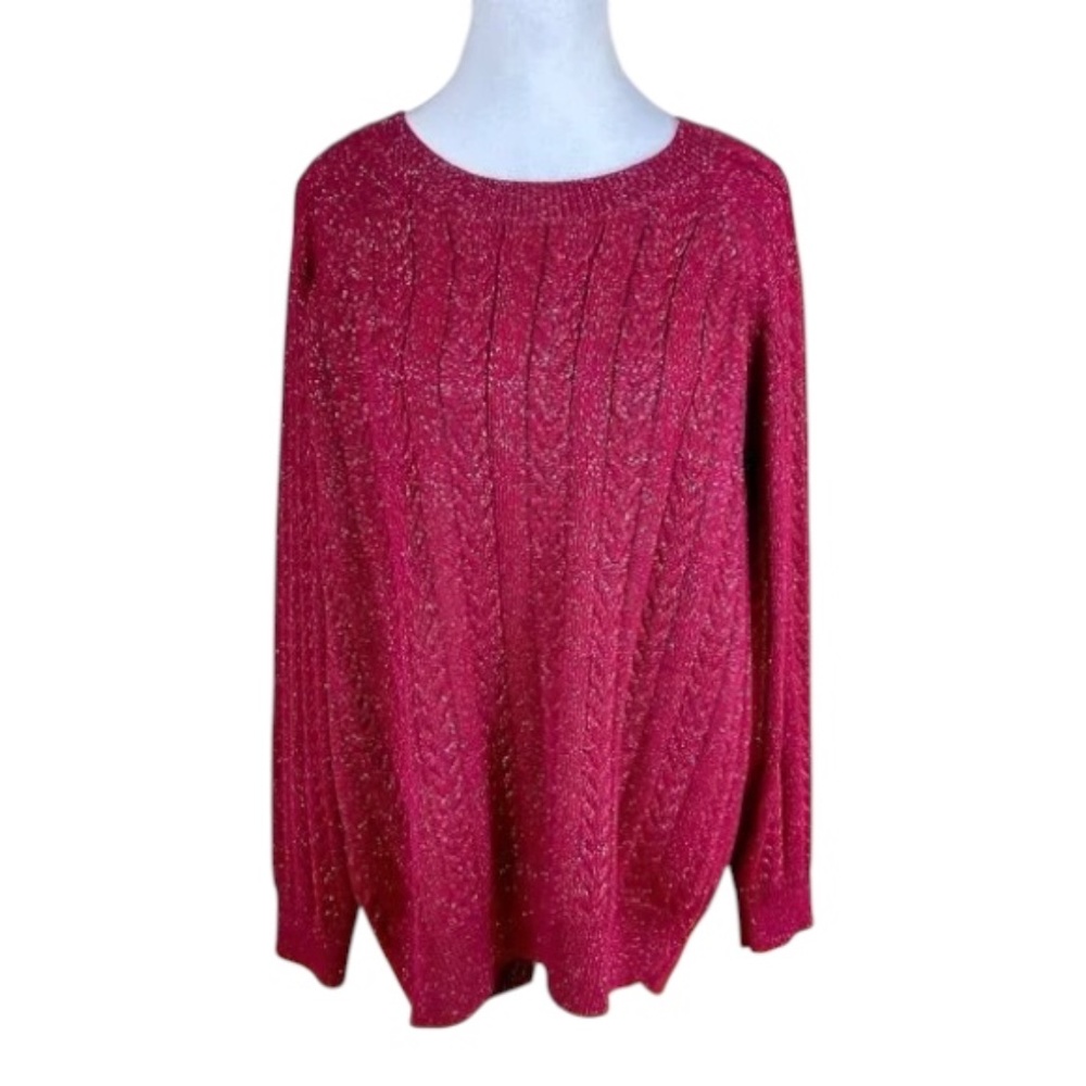 Athleta Sweater Cable Knit Red Silver Wool Blend Metallic (1X)